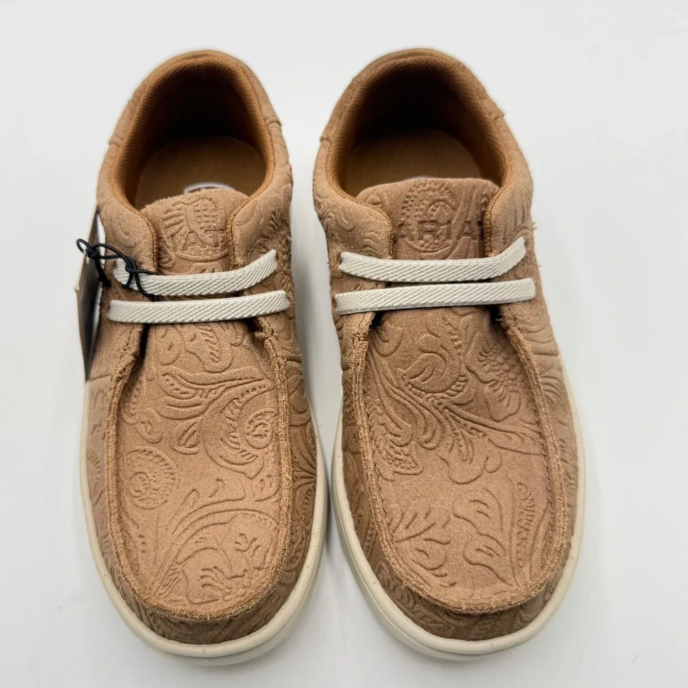 Ariat Hilo Kids Youth 12 Tan Floral Emboss Leather Slip On Shoes NWT